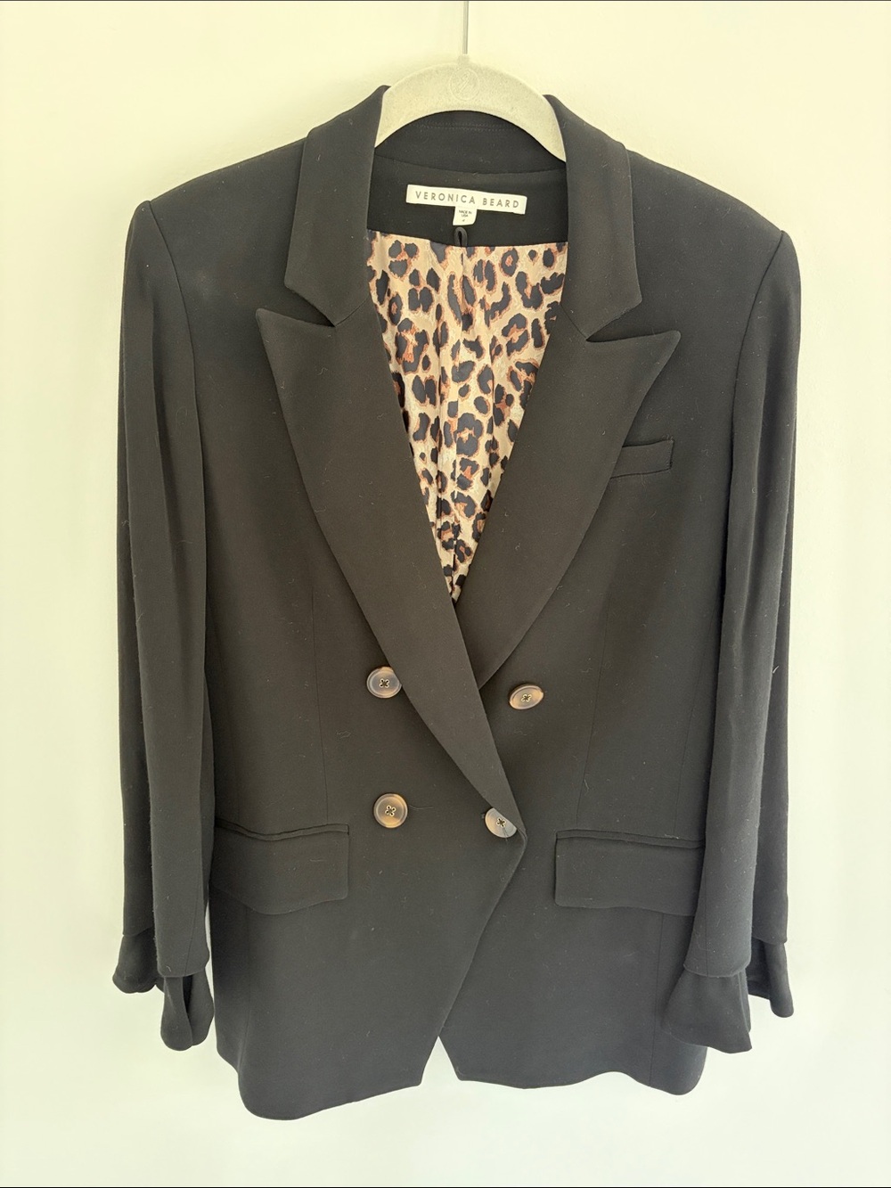 Veronica Beard Black Double-Breasted Blazer w/ Leopard Lining and 3/4 Sleeves